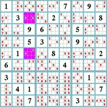 Multiple choice for a sudoku grid with highlighted candidates.